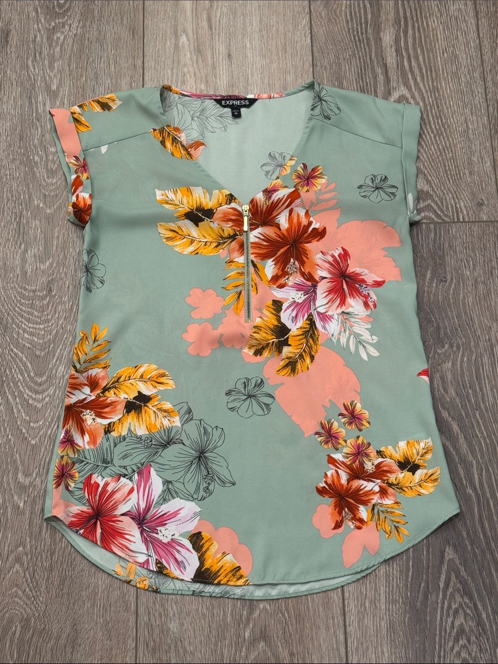 Express Mint Green Floral Zip-Front Blouse
